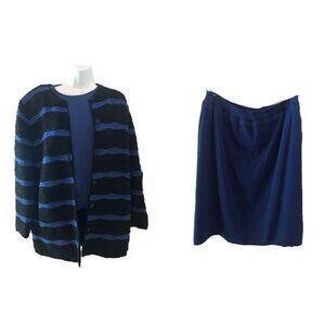 Vintage Rodier Blue and Black 3 Piece Set Knit Sweater Jacket Skirt Sz 10